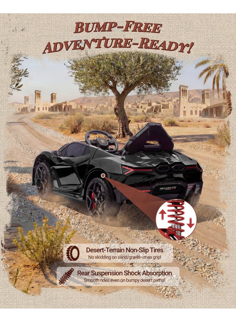 فيرست رايد أون - سيارة ركوب كهربائية للأطفال لامبورجيني ريفويلتو مرخصة 12 فولت، مع جهاز تحكم عن بعد، خاصية الانطلاق السلس، بلوتوث، أضواء LED، 3 سرعات (أسود) - Image 5